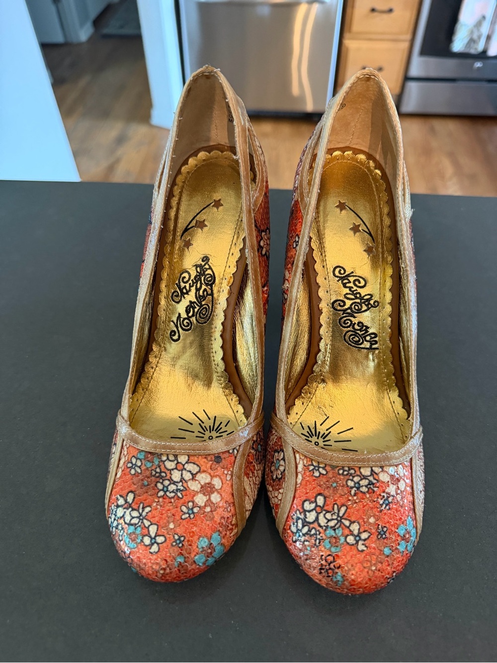 naughty monkey Orange Floral Heels with Gold Interior